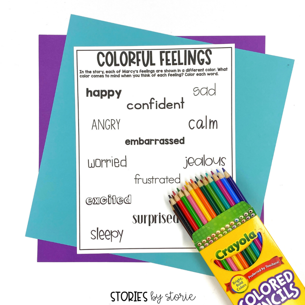 In the book, Marcy's Having All the Feels, each feeling is drawn in a different color. Students can determine what colors come to mind when they think about different feelings they might have.