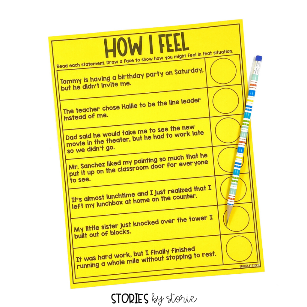 It's important to help students identify and name their feelings. Students can read each statement and draw a face to show how they might feel in those situations.