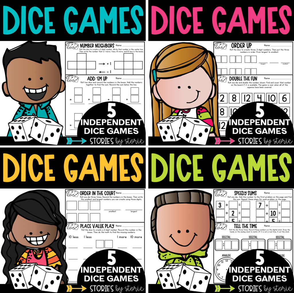These dice games help students work on basic math skills. The games work on addition, subtraction, place value, time, money, and more. The pages can be placed inside sheet protectors and reused over and over again with different results each time.