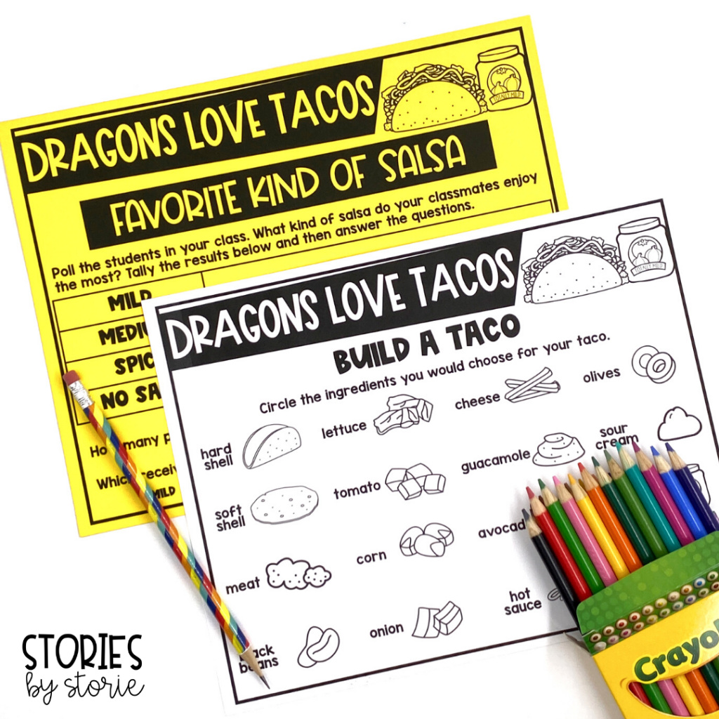 After reading Dragons Love Tacos, students can complete these book activities. This includes a favorite kinds of salsa graph and the chance for students to build the perfect taco.