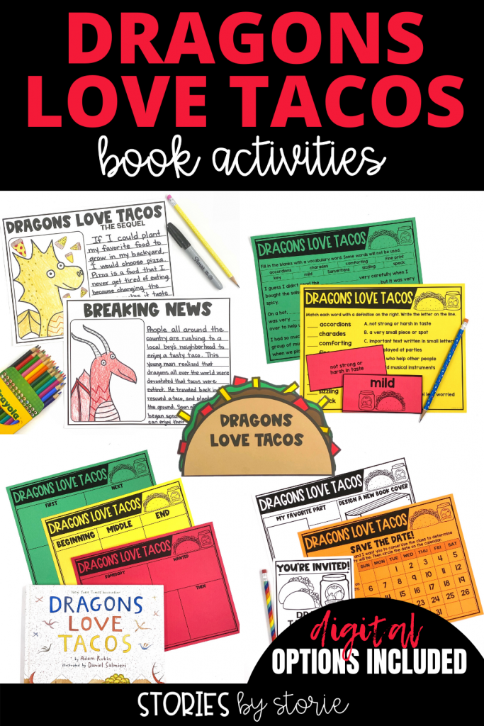 Do your students love to read Dragons Love Tacos? Here are some activities you can pair with the book. You'll find comprehension questions, vocabulary practice, graphic organizers, a taco craft, dragon directed drawing, and more!