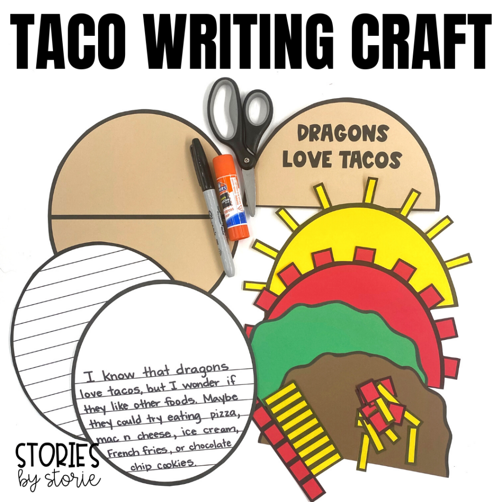 After reading Dragons Love Tacos, students can put together this taco writing craft. This craft includes templates to build a taco with meat, lettuce, cheese, and tomatoes. I have also included several suggestions for writing prompts, but you can always choose your own. These writing prompts can be glued inside the taco.