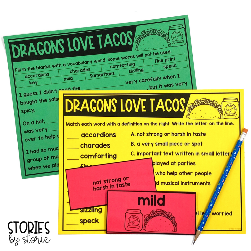 After reading Dragons Love Tacos, students can work with key vocabulary words and phrases from the book. There are vocabulary cards with definitions, a vocabulary match-up, and a fill-in-the-blanks activity.