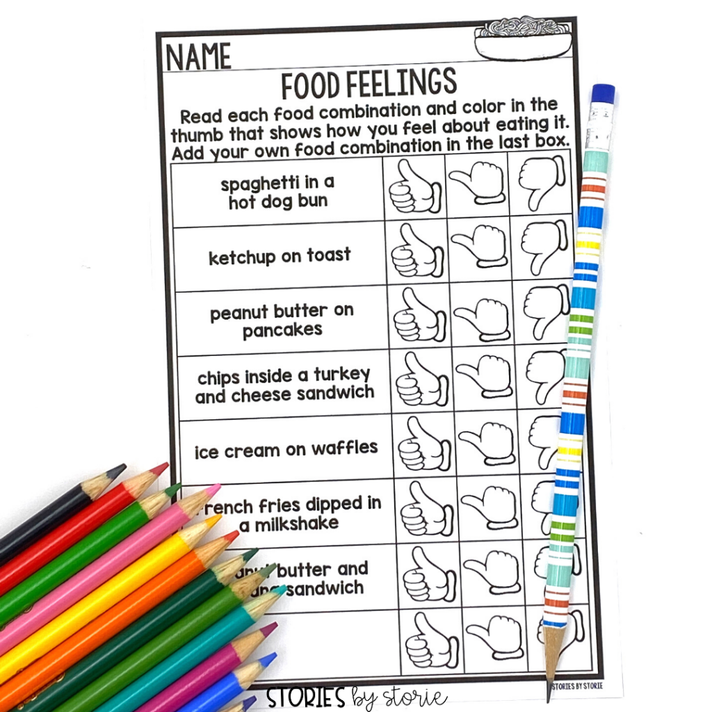 After reading Spaghetti in a Hot Dog Bun by Maria Dismondy, students can explore different food combinations with this food feelings activity.