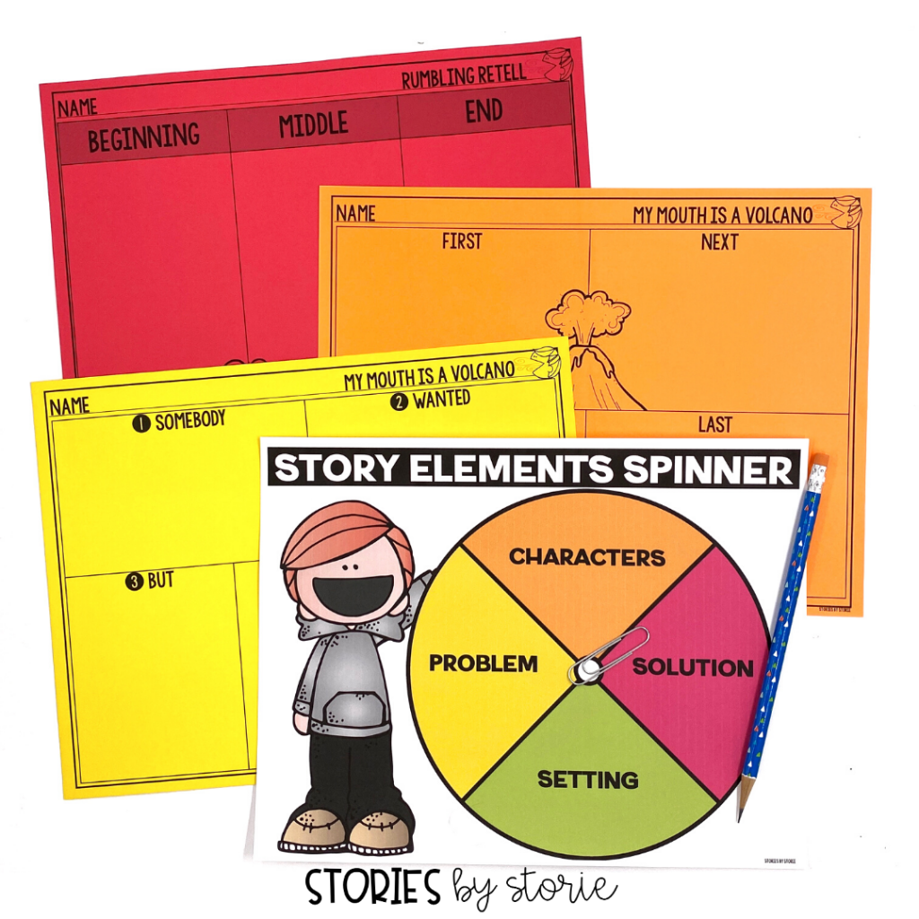 Students can retell or summarize My Mouth is a Volcano using these graphic organizers. This spinner activity is a fun way to work on story elements, too!