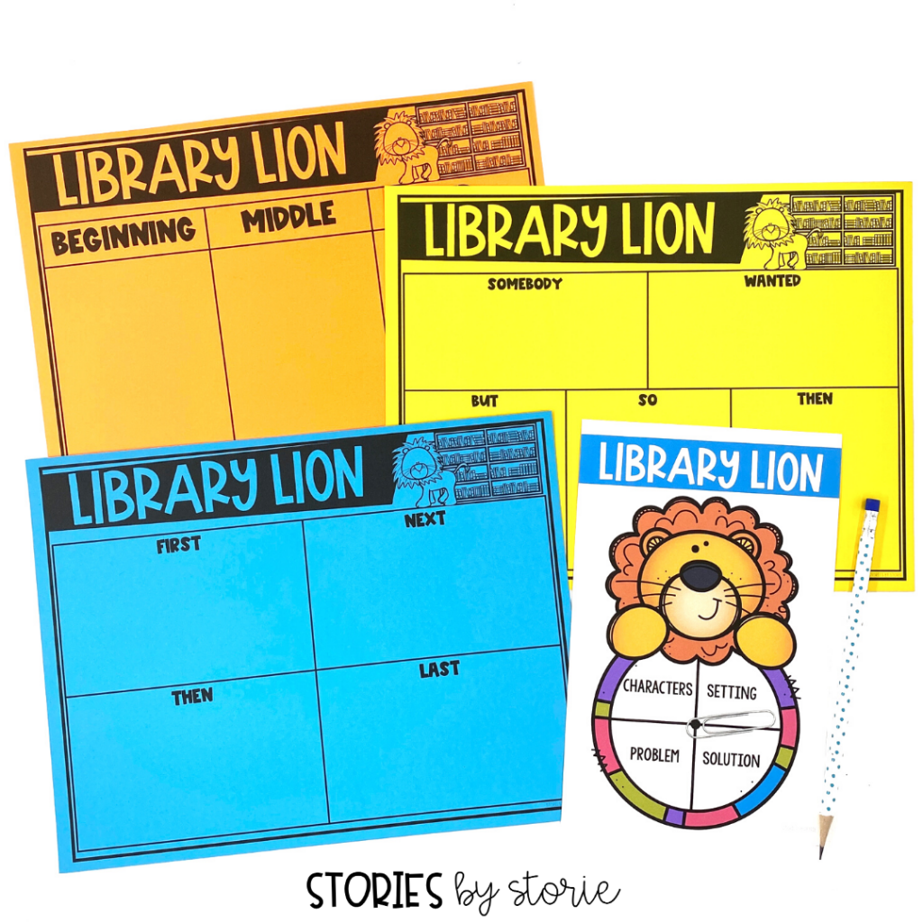 Students can practice retelling or summarizing Library Lion with these graphic organizers. There's also a spinner activity to work on story elements.