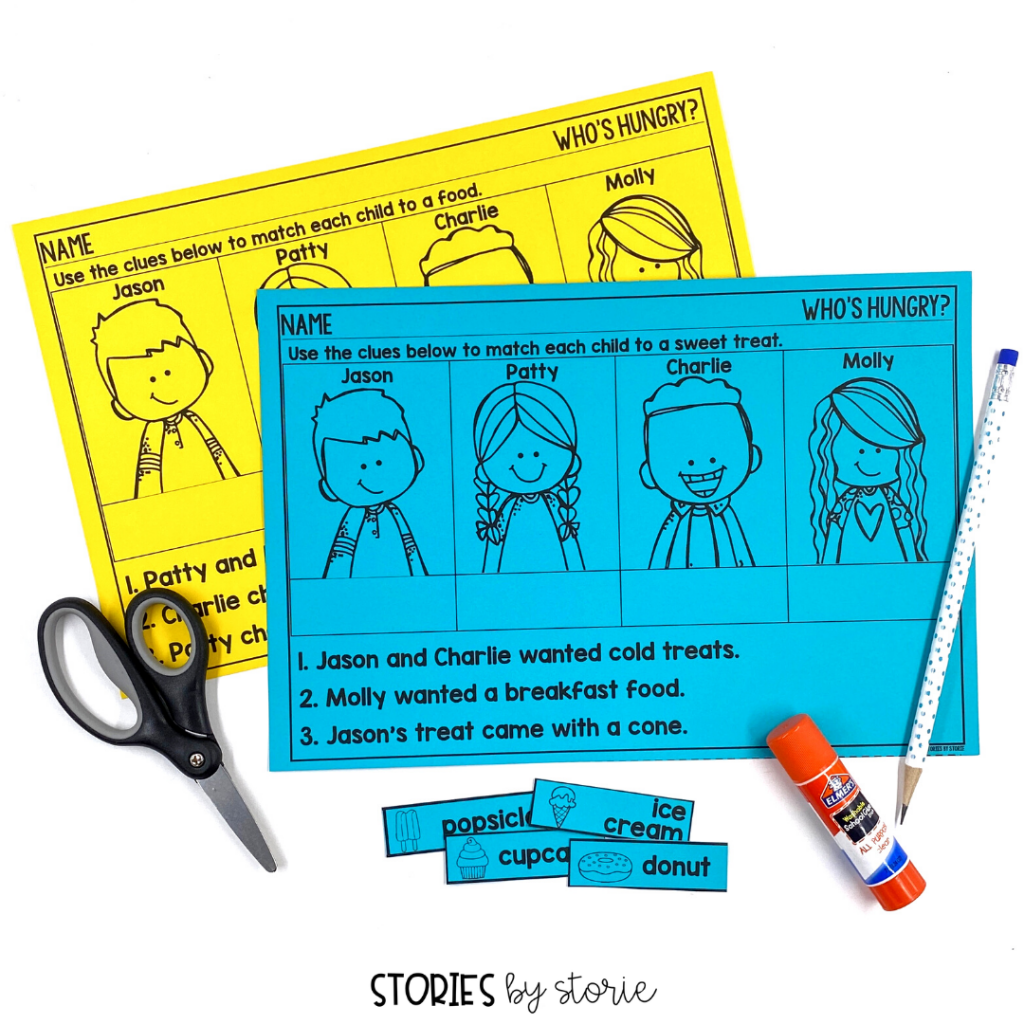 After reading Little Pea, students will complete these food-themed activities. These simple logic puzzles have a cut and paste feature so students can move the food cards around.
