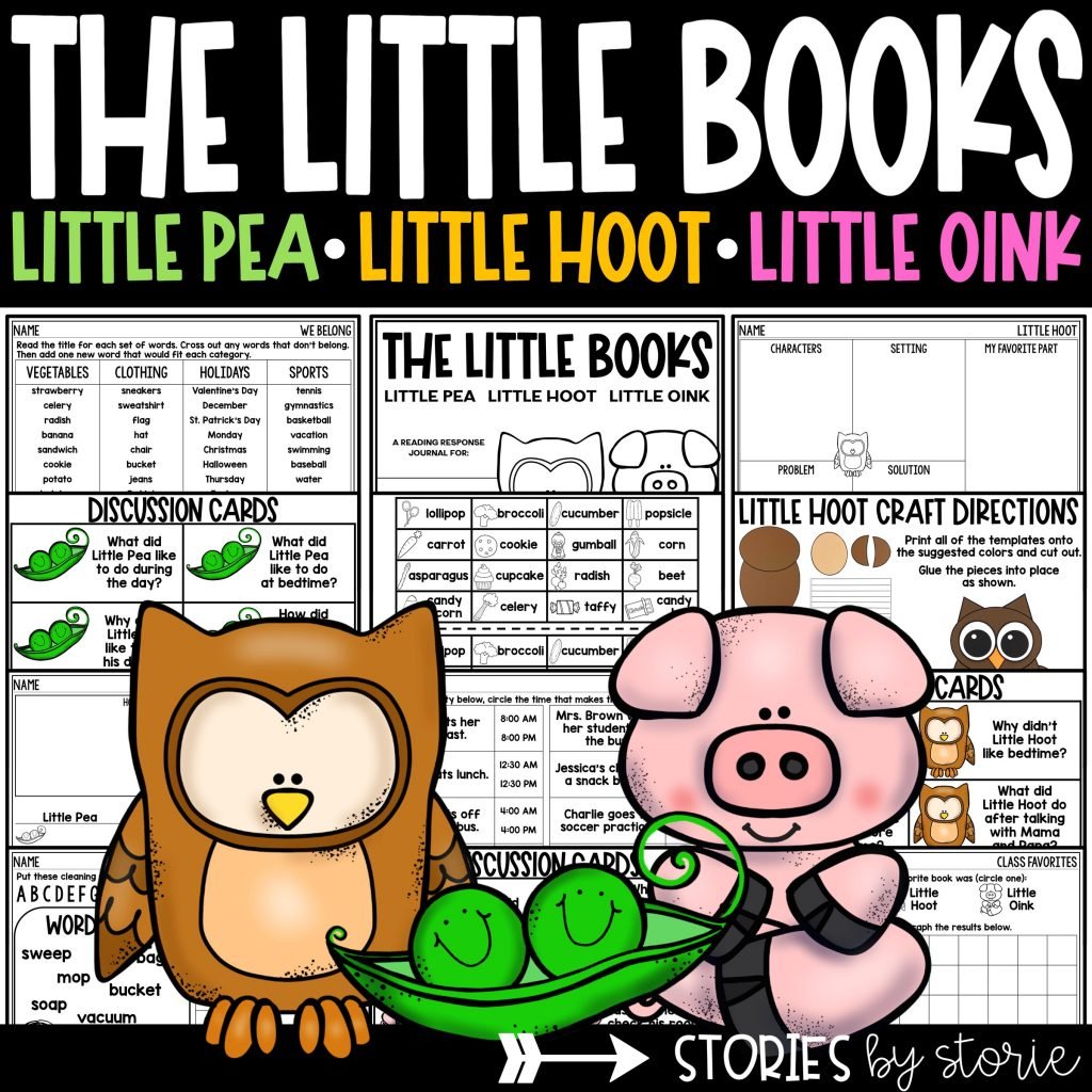 This book companion for Little Pea, Little Hoot, and Little Oink has discussion questions, sequencing activities, graphic organizers, themed activities, and a writing craft for each book. There's even a Google Slides link for distance learning.