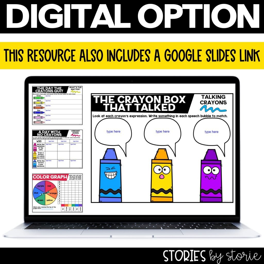 This crayon-themed picture book companion also has a Google Slides link for distance learning. You'll find discussion questions, graphic organizers, and more to pair with The Crayon Box That Talked, The Day the Crayons Quit, and a Day with No Crayons.