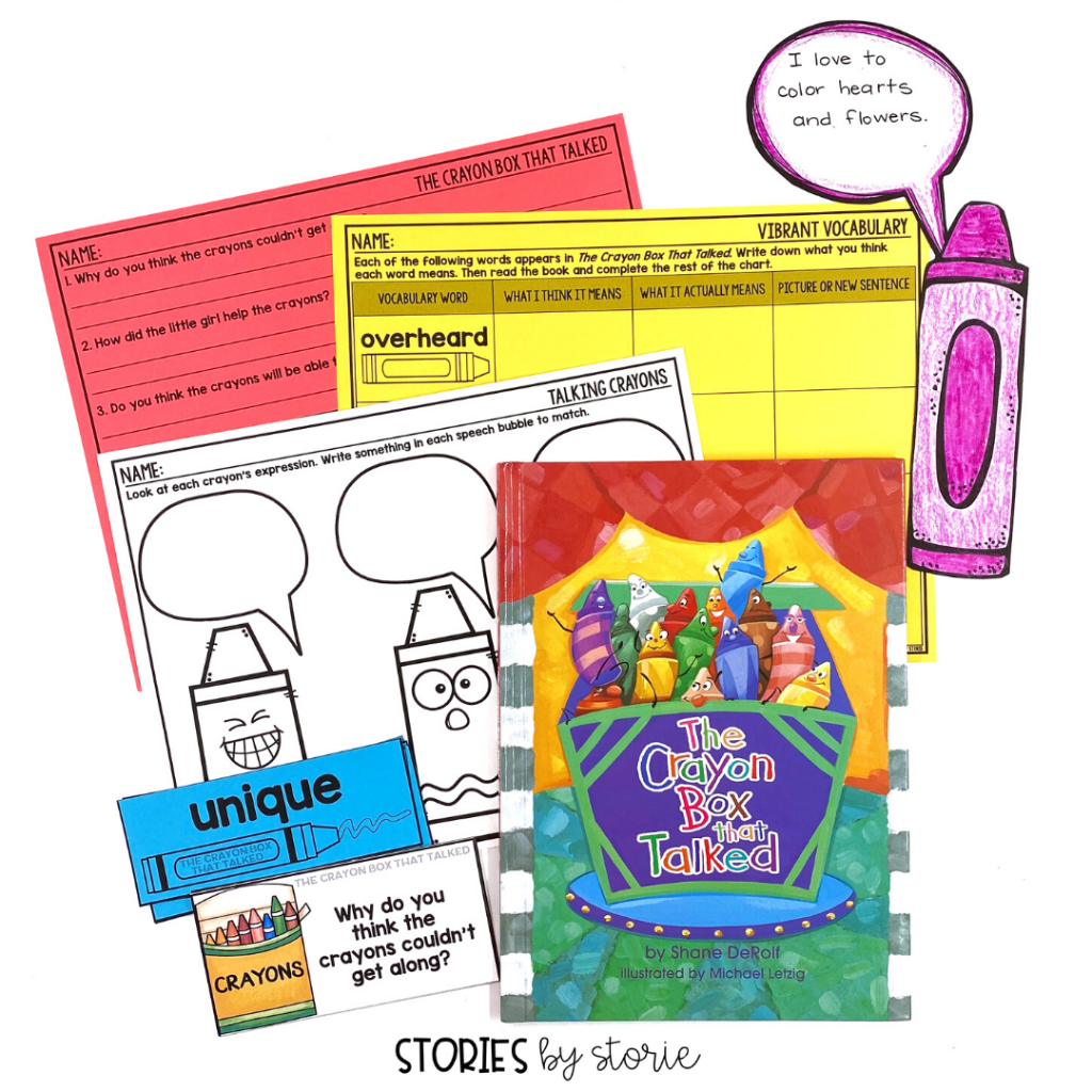 Here are a handful of activities to pair with The Crayon Box That Talked by Shane DeRolf. This includes discussion questions, vocabulary cards, graphic organizers, and more!