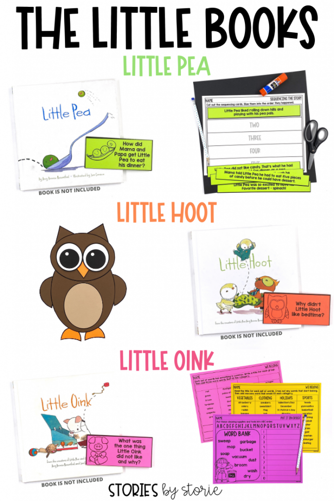 If you need some stories to engage and entertain your young readers, look for The Little Books by Amy Krouse Rosenthal. This trio includes Little Pea, Little Hoot, and Little Oink. These books put a fun spin on some common childhood predicaments that your students will enjoy! Keep reading to find some fun activities you can pair with each book.
