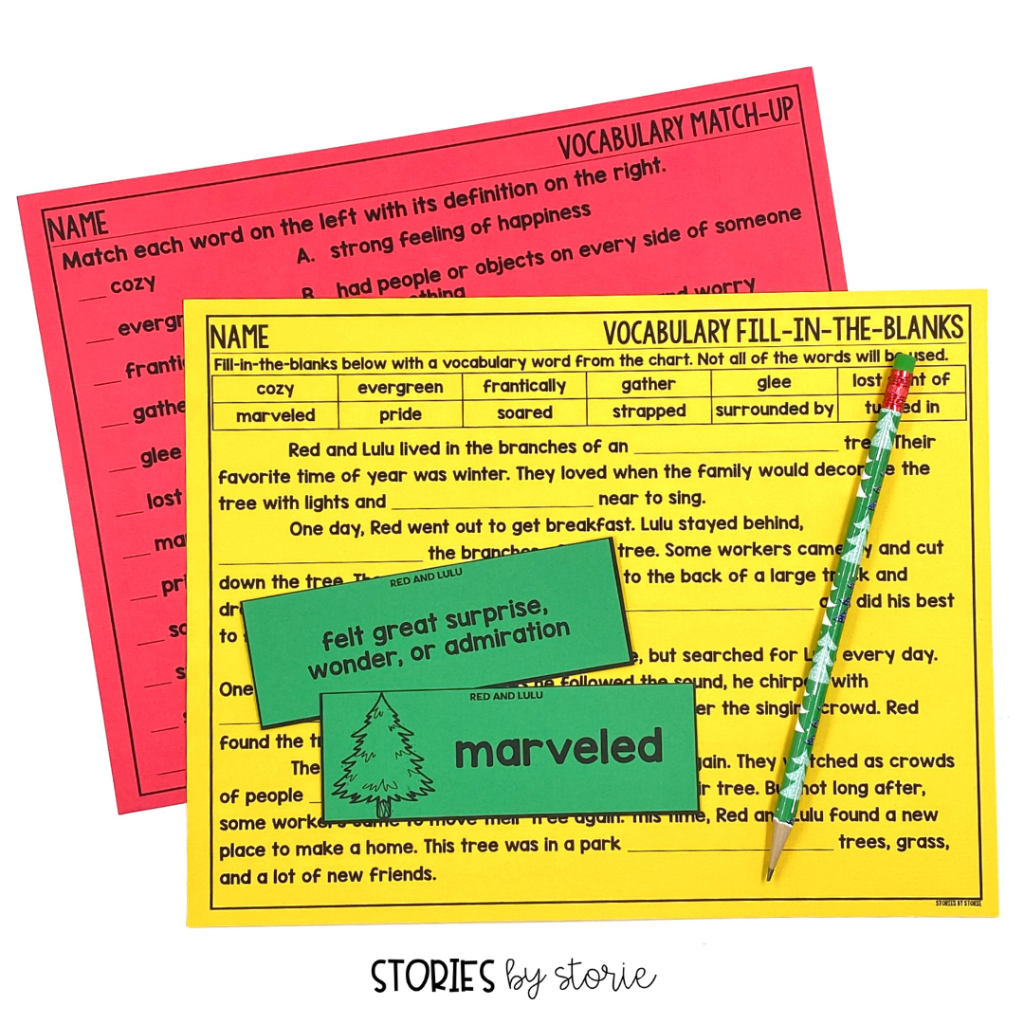I selected 12 vocabulary words and phrases from Red and Lulu. Students can practice these terms with these vocabulary match-up and fill-in-the-blanks activities.