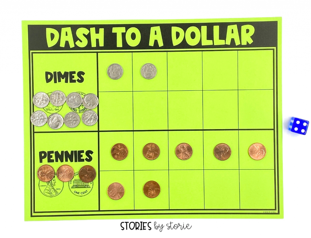 Dash to a Dollar is a fast-paced game that helps students trade 10 pennies for 1 dime while racing to be the first to reach one dollar.