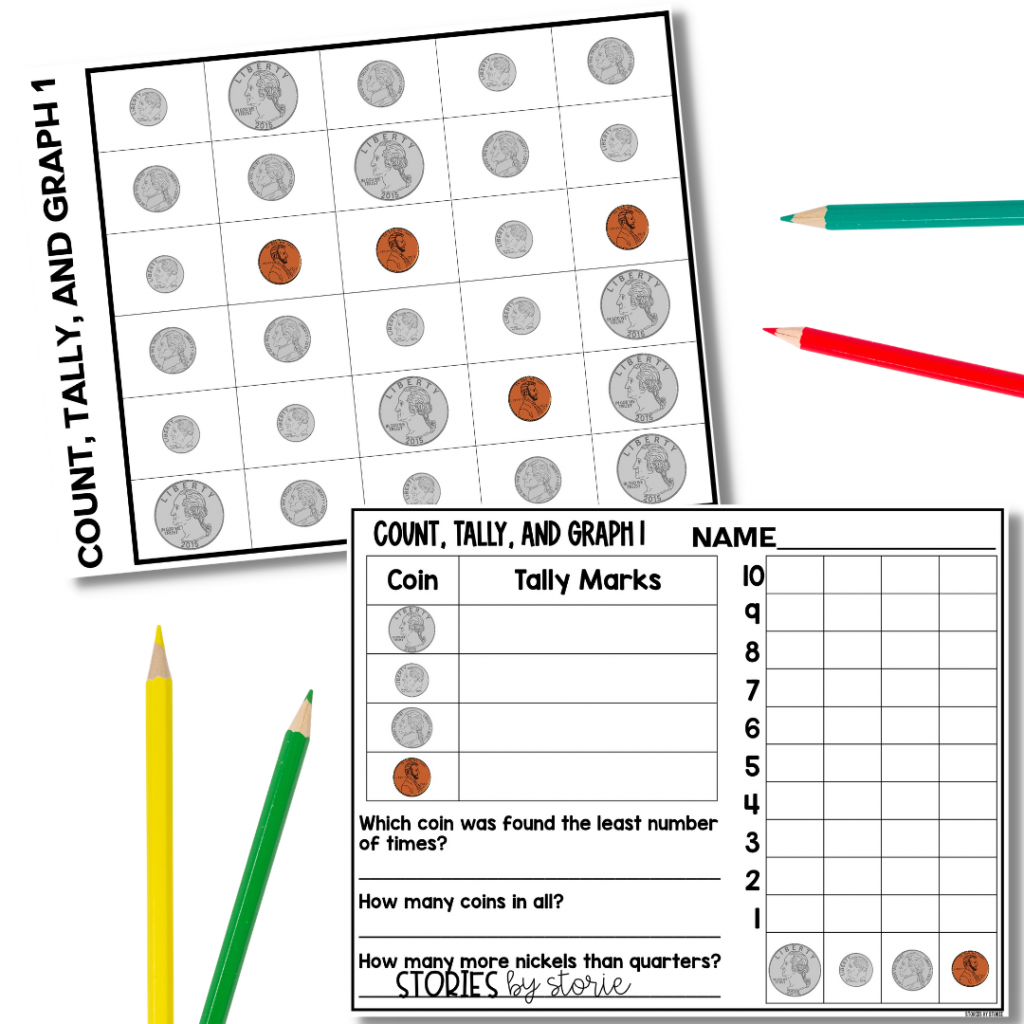Graph the Coins focuses on coin identification. Students will count, tally, and graph the coins on the mat. Then, students will answer questions about the graph. For an added challenge, encourage students to determine the value of all the coins on the mat. 
