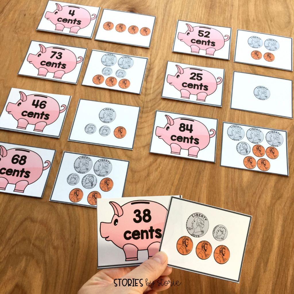 These piggy bank and coin cards are perfect for a matching center or to use in a Memory game. There are 36 piggy banks and 36 coin combination cards.
