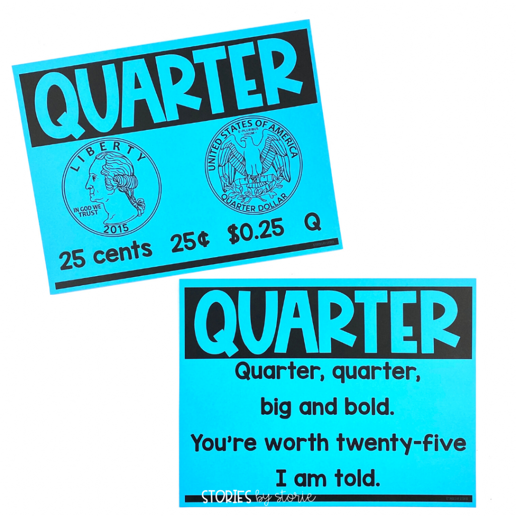When teaching money and counting coins, it can be helpful to have reference tools and visuals available to your students. Here are some short poems and posters for quarters, dimes, nickels, and pennies.