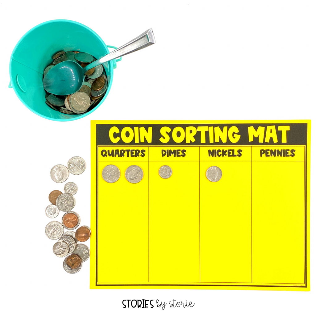 Use this coin sorting mat to help students scoop, sort, and count their coins. There are a few different ways your students can count the coins, depending on their level.