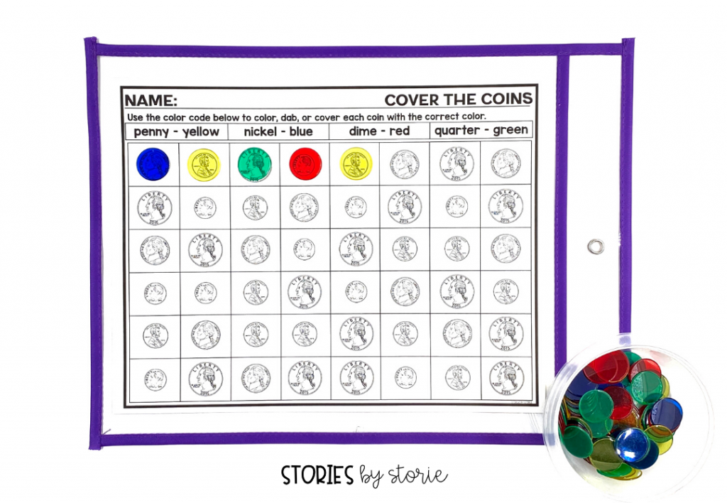 Cover the Coins helps students practice coin identification. Students can color, dab, or cover each coin. Once students are finished, encourage them to find the total amount of money shown in each row, column, or on the entire board. 