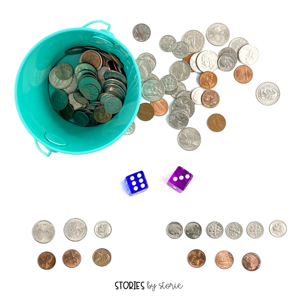 Roll and Build is a game where students roll two dice and build that amount using coins in two or more ways.