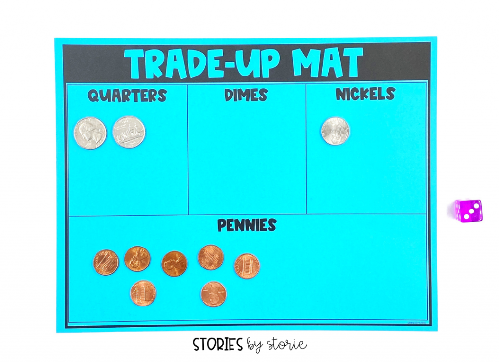 As students learn to count coins, they also begin to see that different coin combinations have the same total. Use this Trade-Up Mat to help students become more familiar with trading 5 pennies for a nickel, 2 nickels for a dime, etc.