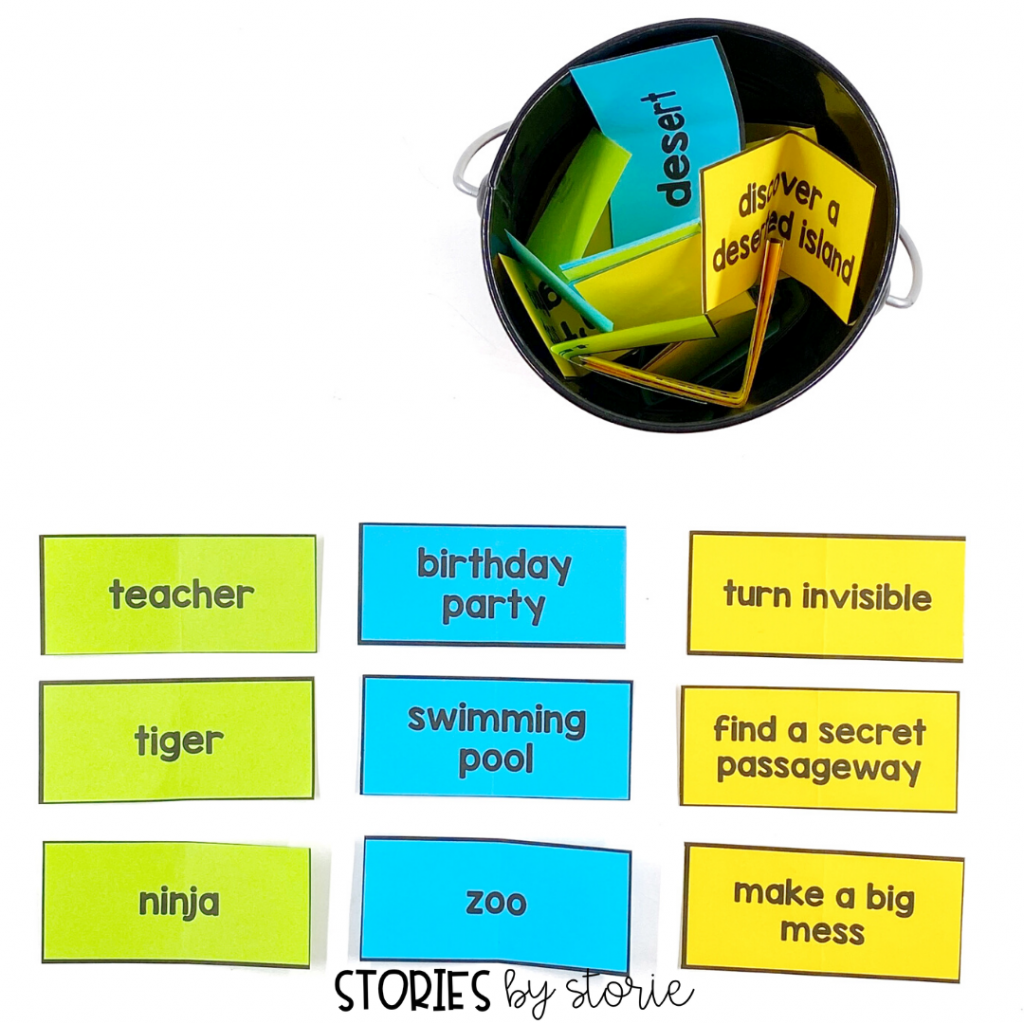 When stuck for writing ideas, students can draw a card (or cards) from the idea jar. Since some combinations of cards may not make a cohesive story, students could draw three cards for each category, and then select their favorites.