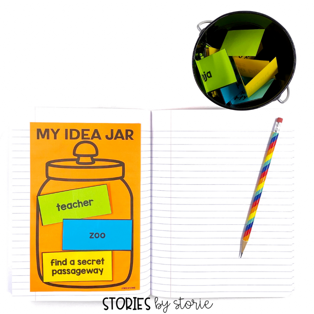 Students can draw cards from the idea jar and add them to the idea jar printable in their Writer's Notebook. This keeps the ideas handy as students plan out the story and create a rough draft.
