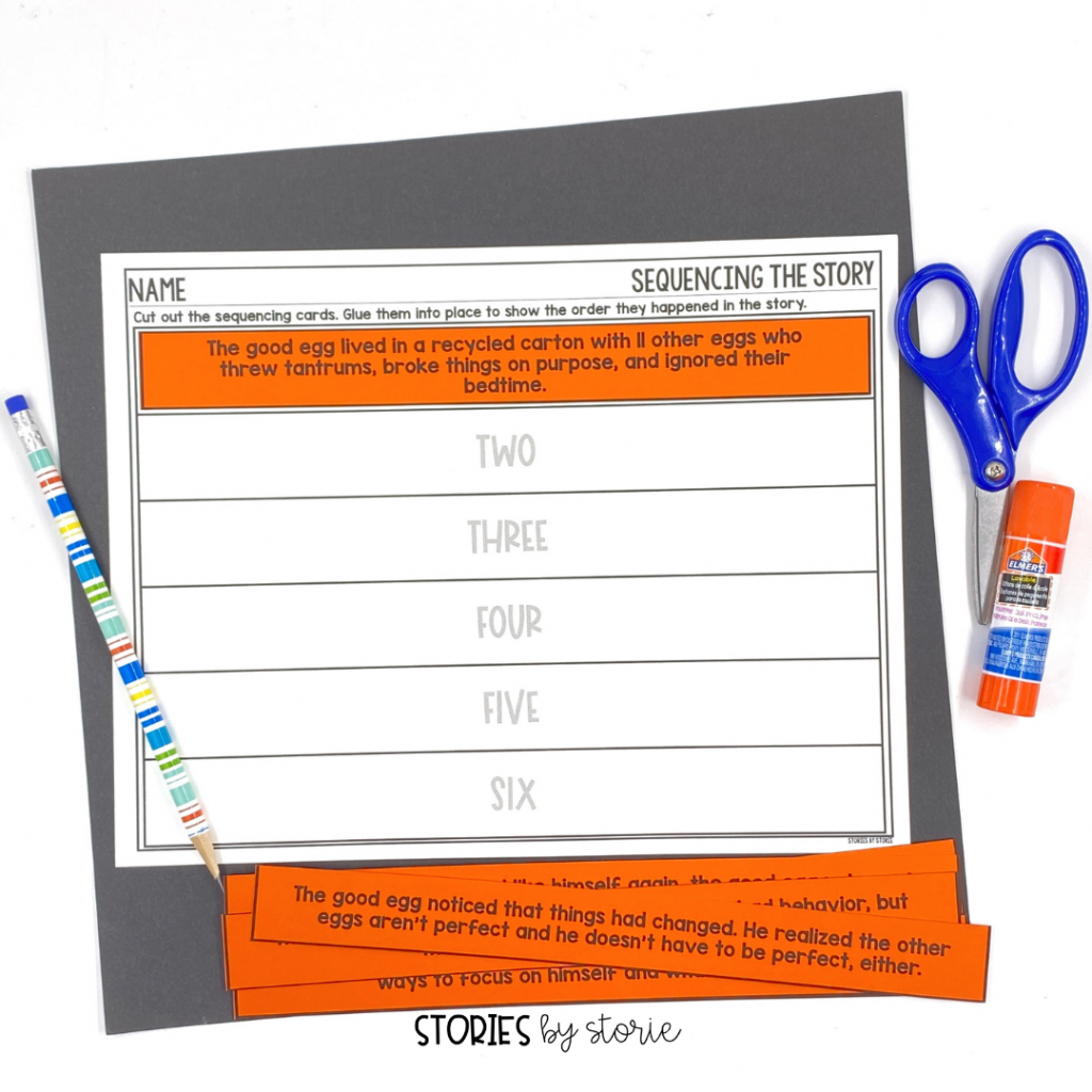 After reading The Good Egg by Jory John, students can put the story back together with this sequencing activity. There are similar cut and paste sequencing activities for the rest of The Food Group series, too.