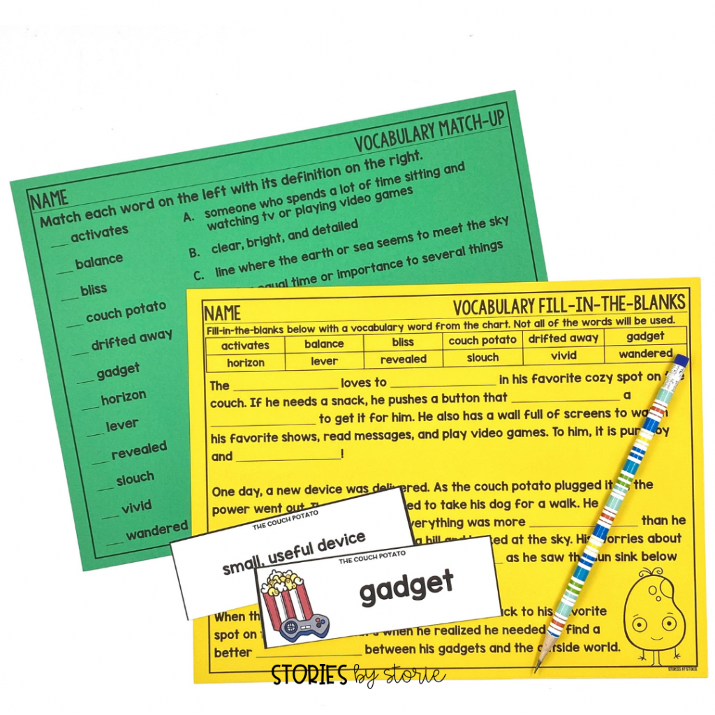 I selected 12 vocabulary words and phrases to focus on for each story in The Food Group series by Jory John and Pete Oswald. There are vocabulary cards with definitions, along with a match-up and fill-in-the-blanks practice page.