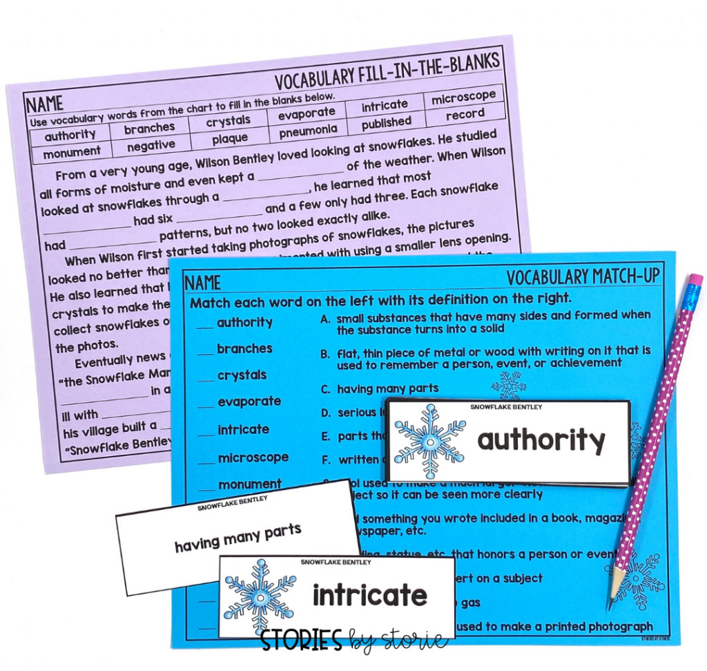 Help your students practice key vocabulary from Snowflake Bentley with these practice pages.