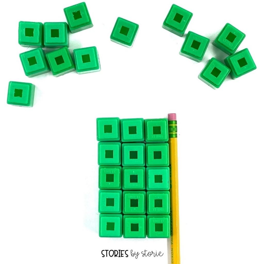 Cubes, counters, and mini erasers are great math manipulatives for multiplication. Students use the tools to build arrays. Then they can share the repeated addition or multiplication sentence to match.