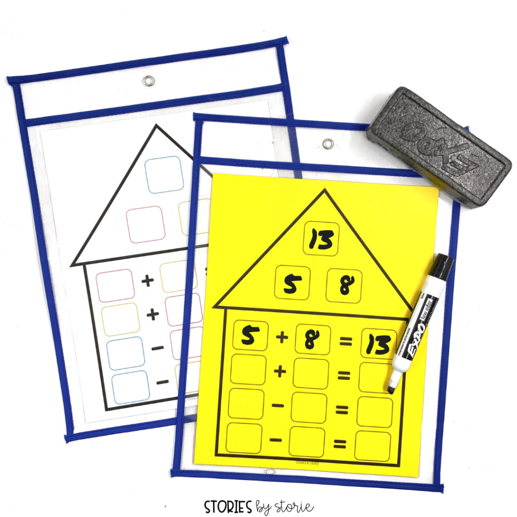 Since related facts are often called a fact family, it seems natural to use a home to represent the family. The roof holds the three members of the family, and the base of the house holds the four related facts. You can grab a free template here. If you place the page in a sheet protector or dry erase pocket, the page can be reused again and again.