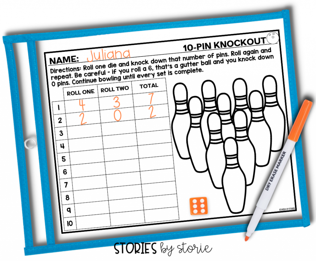 Ten-Pin Knockout helps students practice addition facts to ten in a fun way. Students roll a die to determine how many pins to knock down. Watch out for the gutter ball!