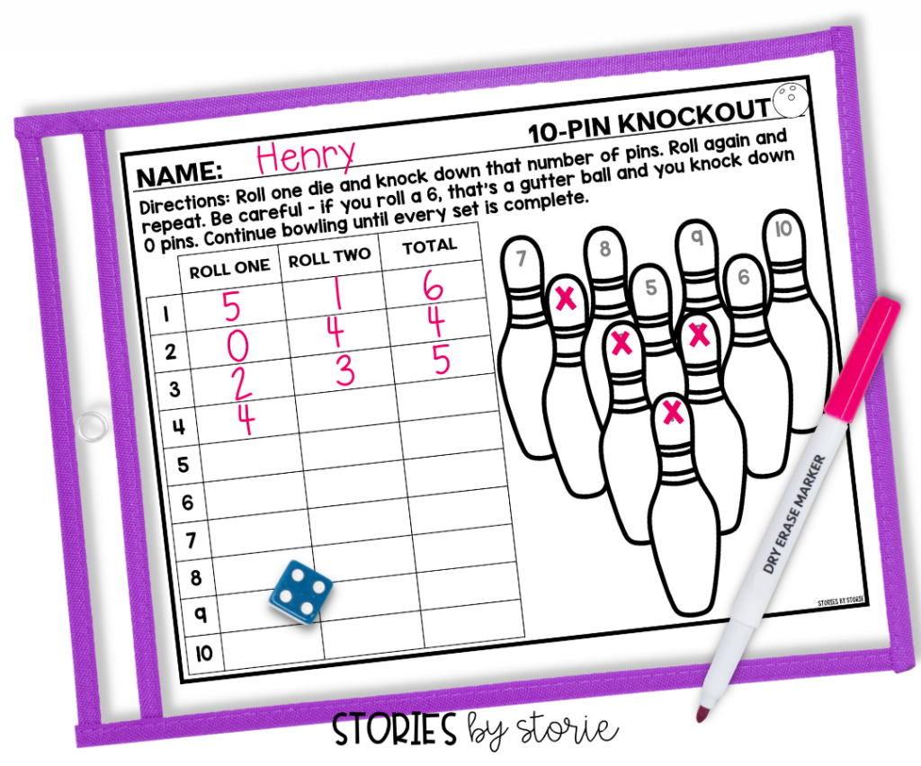 Looking for a fun way to practice addition facts to ten? Try this free dice game. Students roll a die to determine how many pins to knock down. They can mark off the pins for an additional layer of scaffolding.