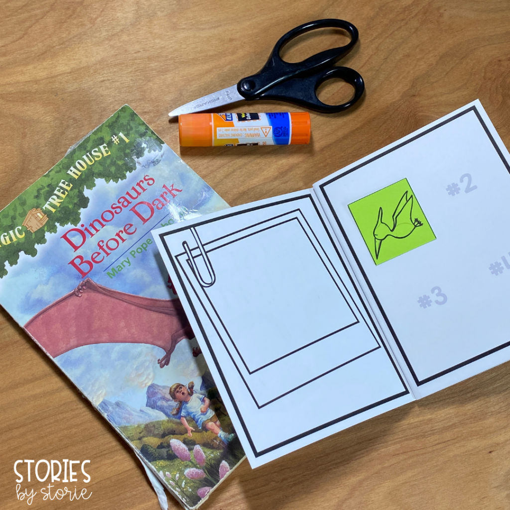 For younger students, teachers may choose to read the books aloud to students. After finishing one of the books, print out a full sheet of the matching passport stamps. Then cut out and give one stamp to each student. Students can glue the stamp over the matching book number in the passport booklet. For example, Dinosaurs Before Dark is book #1 in the series, so the dinosaur stamp goes on top of the #1 in the passport booklet.