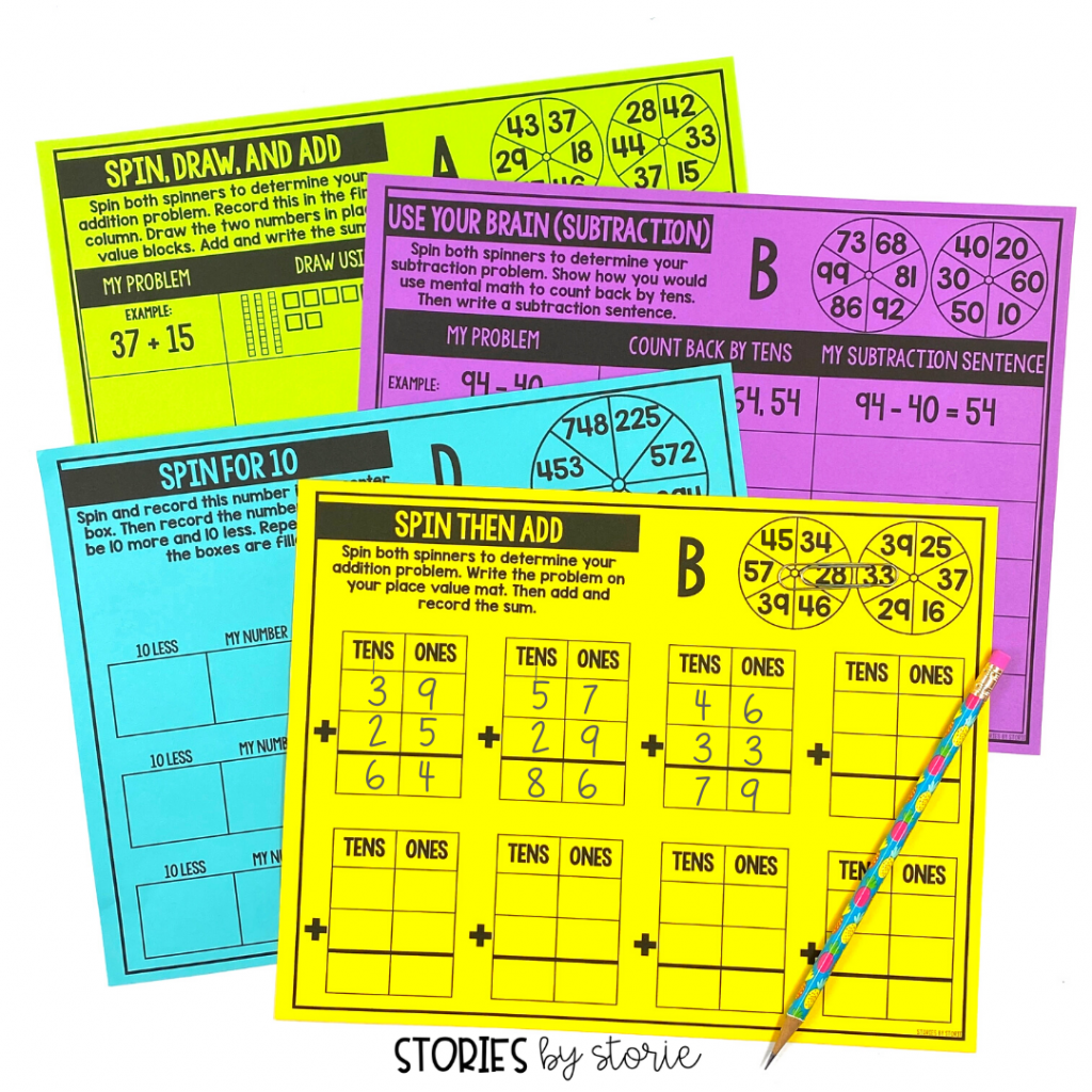 Another way to add instant engagement with addition and subtraction practice is to add a spinner. Students spin to create an addition or subtraction problem and then solve. To save on copies, place the page in a dry erase pocket or sheet protector and students can use the page over and over again with different results.