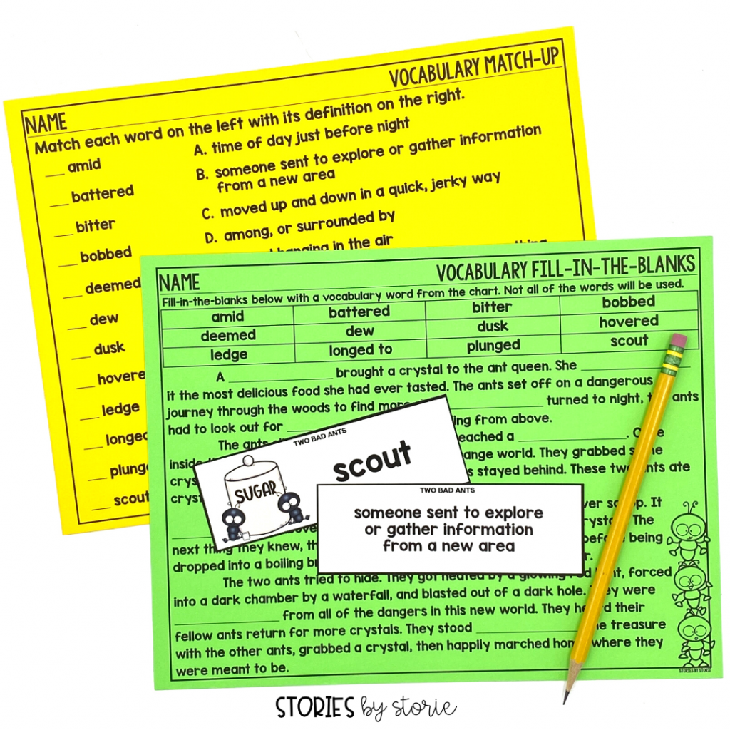 I selected 12 vocabulary words from Two Bad Ants. Students can practice these terms with these vocabulary match-up and fill-in-the-blanks activities.