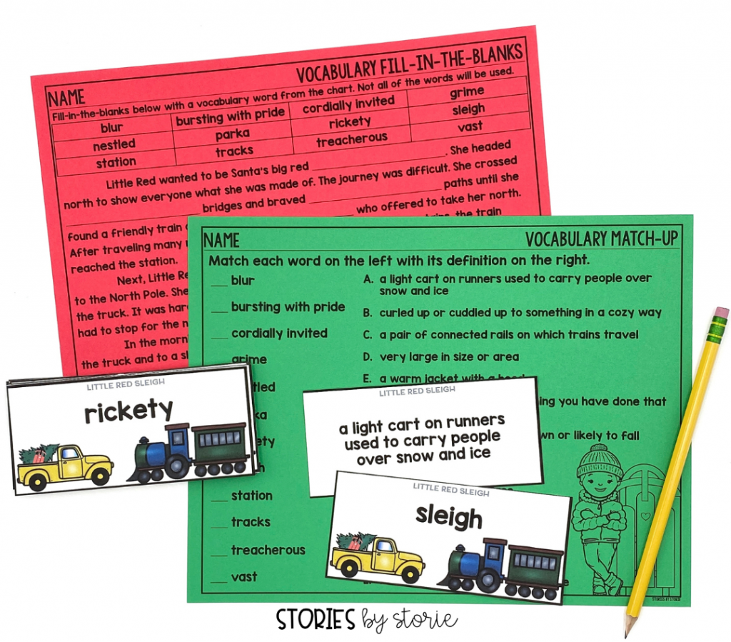 This Little Red Sleigh book companion includes a focus on 12 vocabulary words or phrases. Not only are there cards with definitions, but students can deepen understanding with these match-up and fill-in-the-blanks pages.