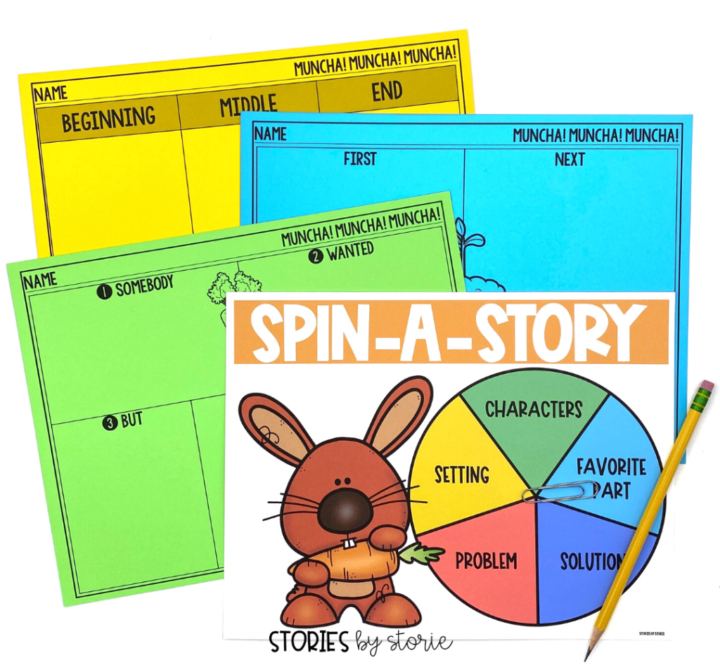 After students have practiced sequencing the story, they are ready to retell or summarize. There are several different graphic organizers to choose from. Students can also focus on story elements with this spinner activity.