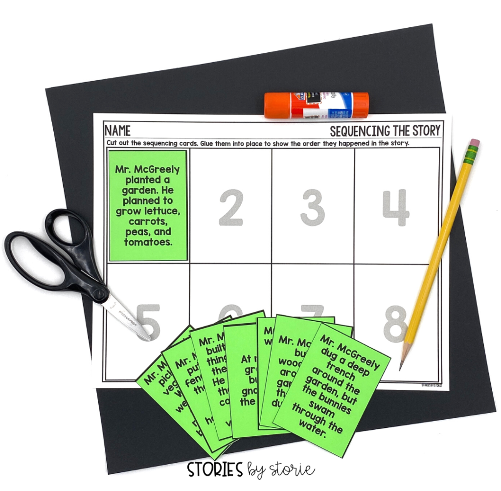 Sequencing activities are great for helping students understand and remember the story. Because this is a cut and paste activity, students can physically move the cards around until the story events are in the correct order.