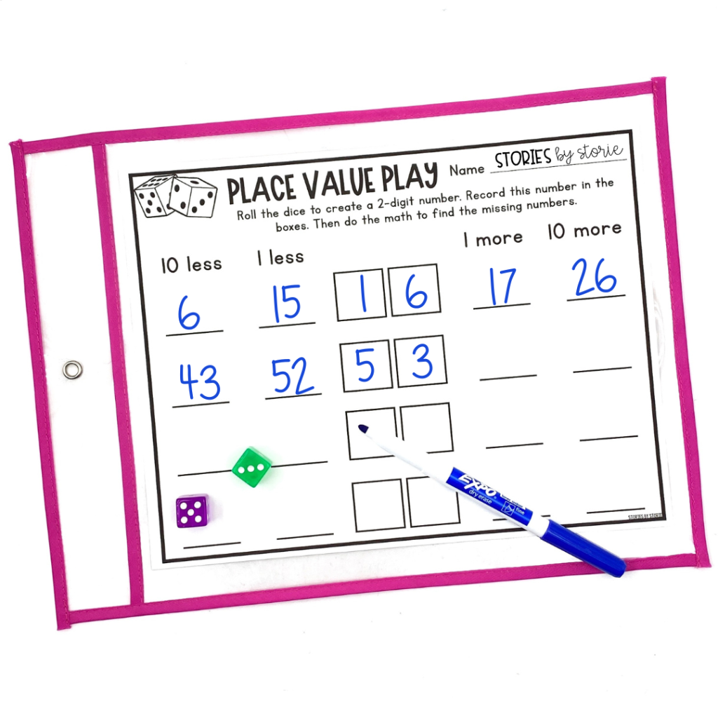 This dice game combines mental math with place value practice. Students use dice to create 2-digit and 3-digit numbers. Then students determine numbers that are 1 more, 1 less, 10 more, 10 less, 100 more, and 100 less than the target number.