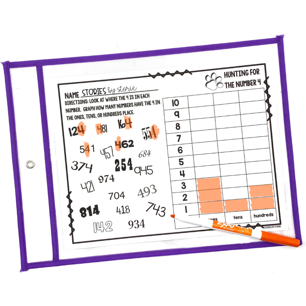 Ready to work on place value in a new way? Try a place value graphing activity. Students look at a variety of 3-digit numbers and create a graph based on the location of a specific digit in each number (ones, tens, or hundreds place).