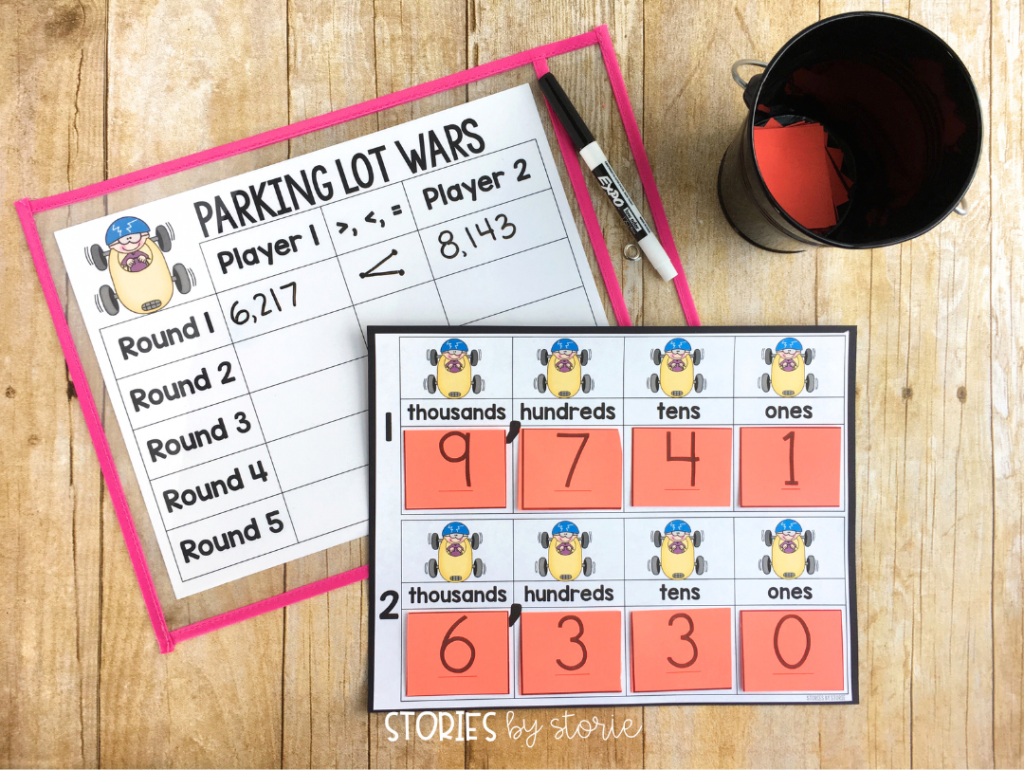 Parking Lot Wars is a fun and engaging 2-player game. Students draw cards and build a number, one digit at a time. After the numbers are complete, students compare the two numbers using >, <, or =.