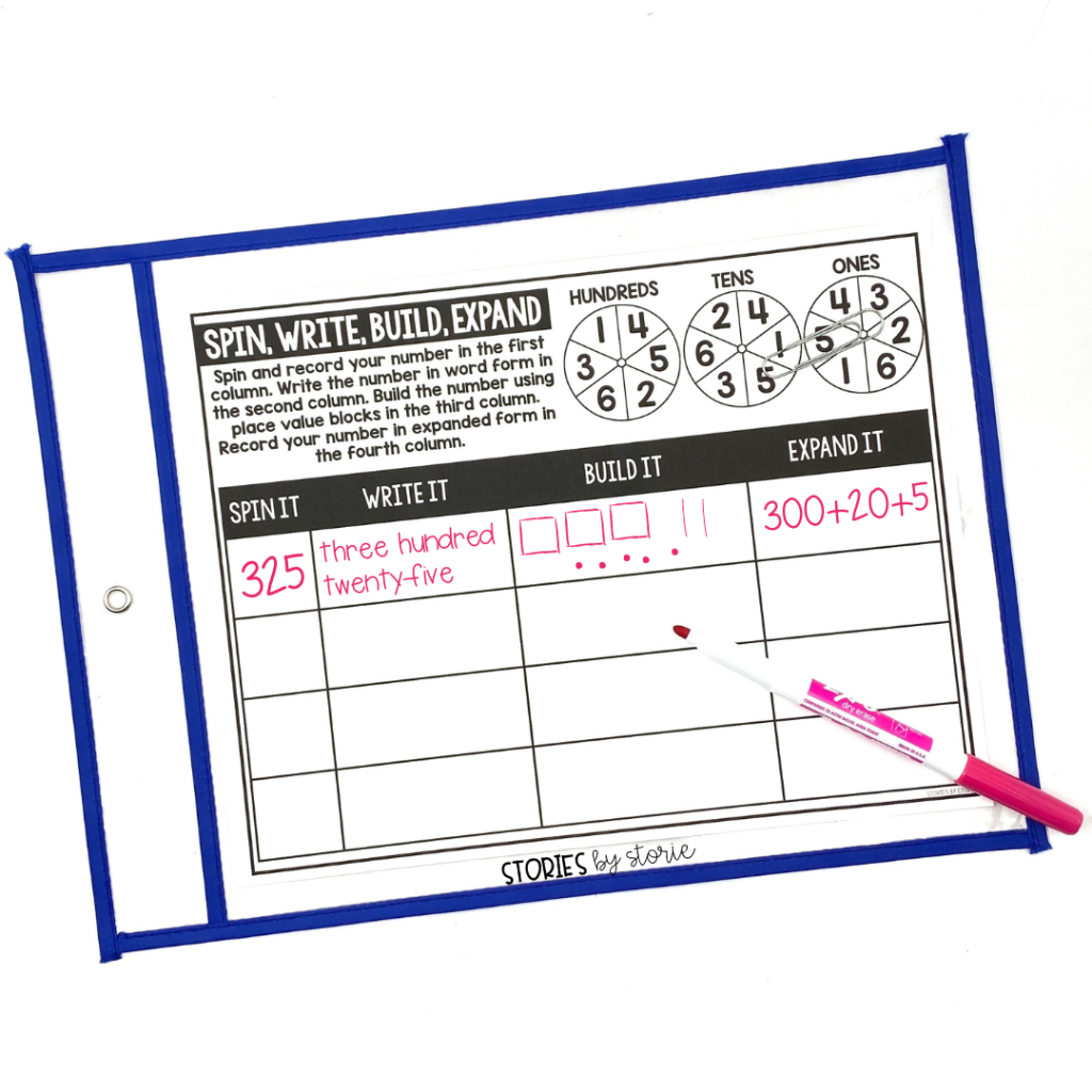 One aspect of place value practice is representing numbers in a variety of ways. This low-prep spinner activity allows students to create a 2-digit or 3-digit number. Students write that number in word form, with Base-10 blocks, and in expanded form.