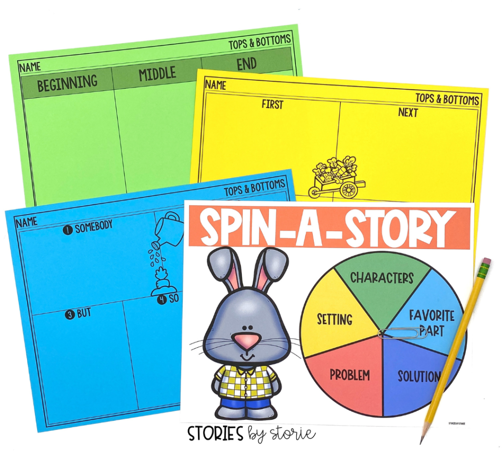 After students have practiced sequencing the story, they are ready to retell or summarize. There are several different graphic organizers to choose from. Students can also focus on story elements with this spinner activity.