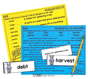 I selected 8 vocabulary words for Tops & Bottoms. Each vocabulary card has a matching definition. Students can play a memory matching game with the cards or create original sentences with the words. For additional practice, students can complete the fill-in-the-blanks page or vocabulary match-up activity.