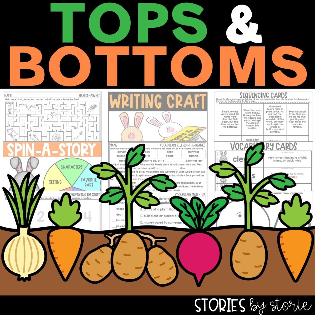 Tops & Bottoms by Janet Stevens is a great book to share in the spring or during a gardening unit. This book companion contains comprehension questions, vocabulary activities, graphic organizers, a hare writing craft, and more! These activities can help guide your students through the book.