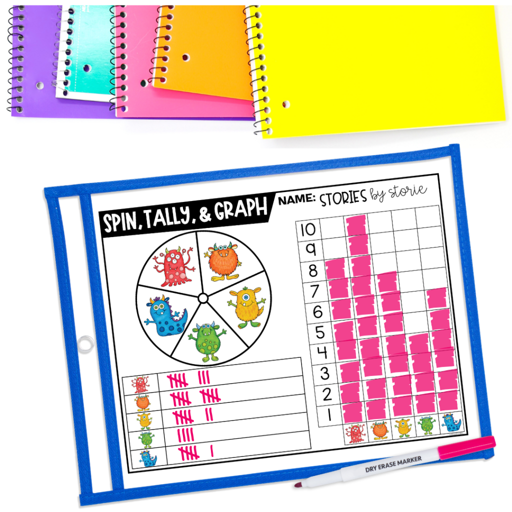 Another way to add instant engagement to your graphing unit is to use spinners. Students spin, tally, and graph the results until one category reaches the top of the graph. To save on copies, place the page in a dry erase pocket or sheet protector and students can use the page over and over again with different results. 