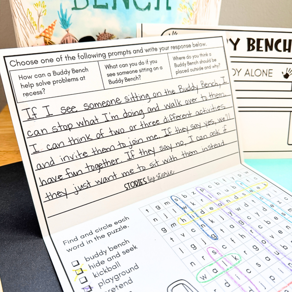 Looking for a way to keep the conversation going after you've finished reading The Buddy Bench? Try this low-prep activity that includes a writing prompt, word search, and coloring page.